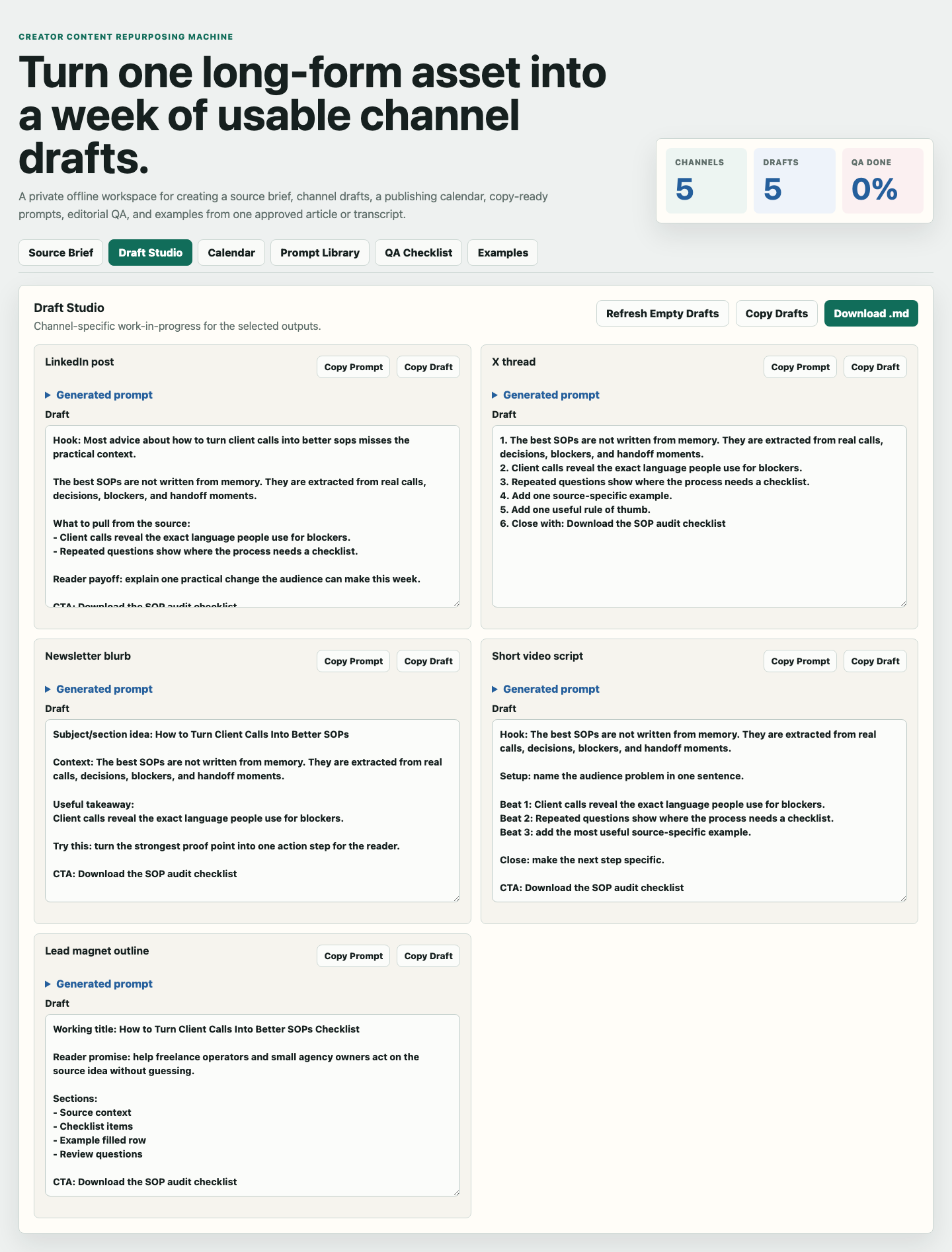 Draft Studio tab with LinkedIn post and X thread drafts