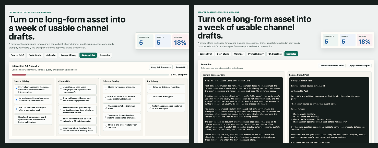 QA checklist and examples tabs with review items and sample output
