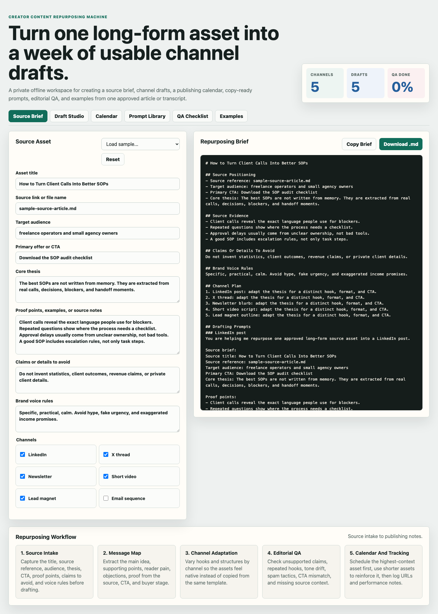 Creator Content Repurposing Machine Source Brief workspace with source details and repurposing notes